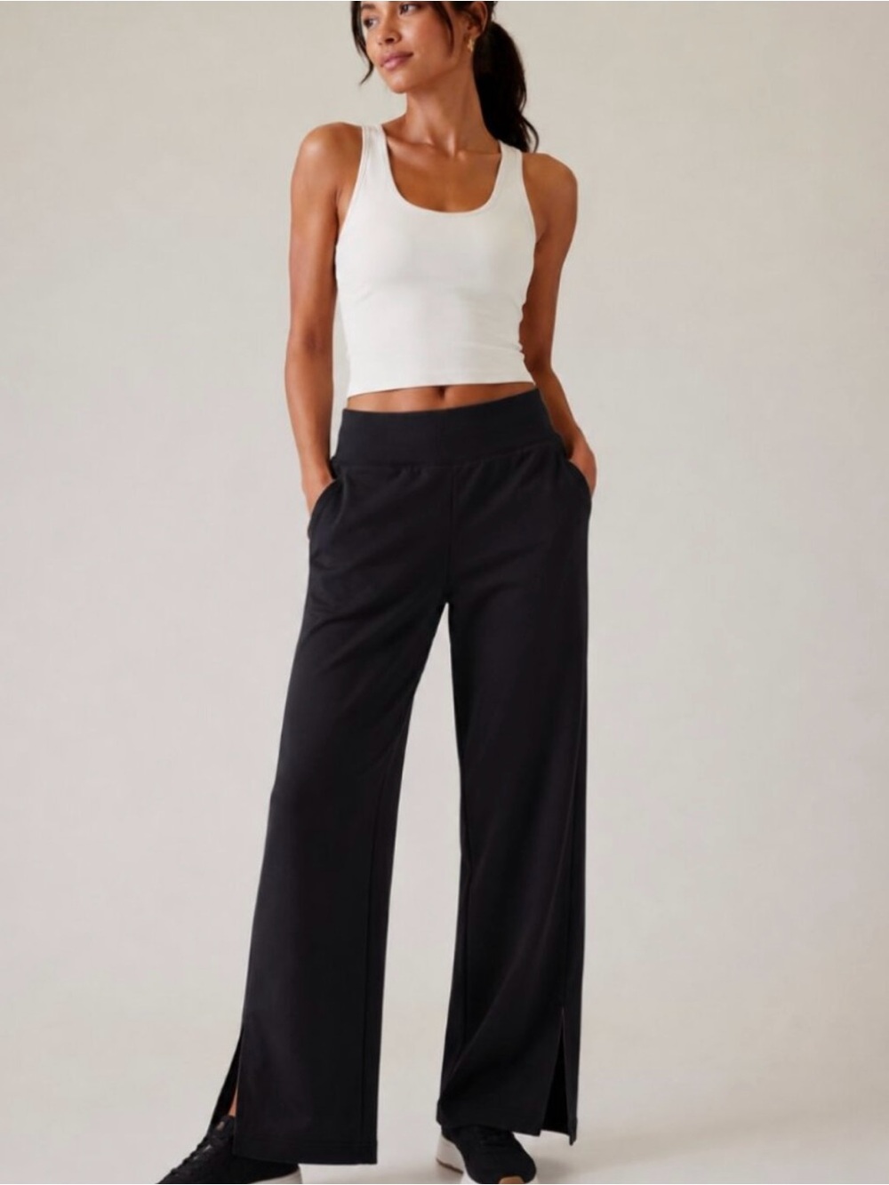 Athleta Venice Wide-Leg High-Waist Split Hem PullOn Black Pants Women's M